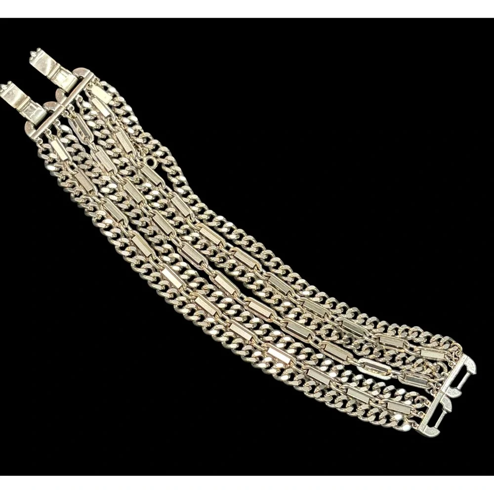 Vintage Monet Signed 7-Strand Silver Tone Chain Statement Bracelet 1960s